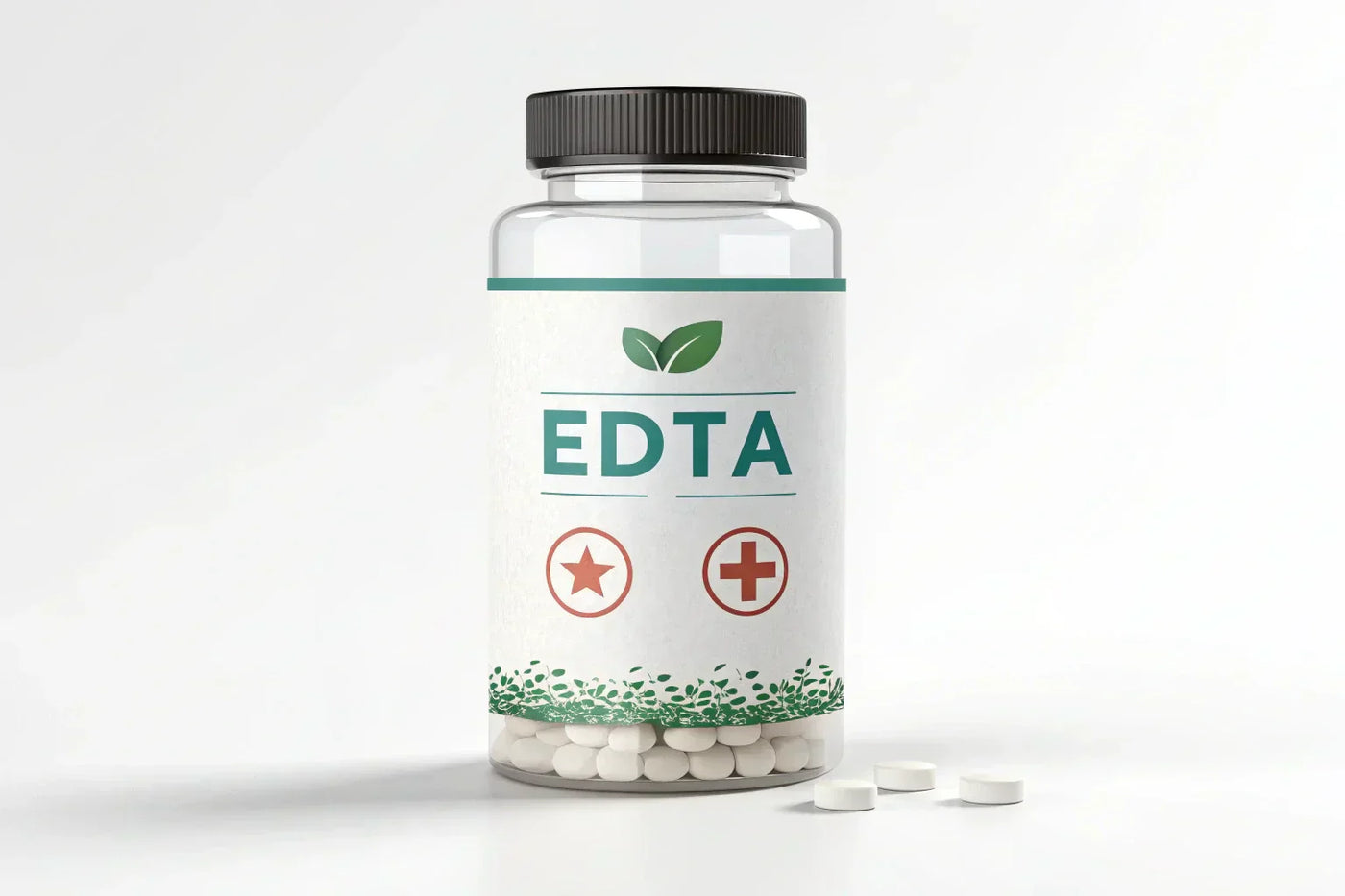 A clear bottle of EDTA supplements with a white and green label, filled with white tablets. Three tablets are placed on the white surface in front of the bottle.