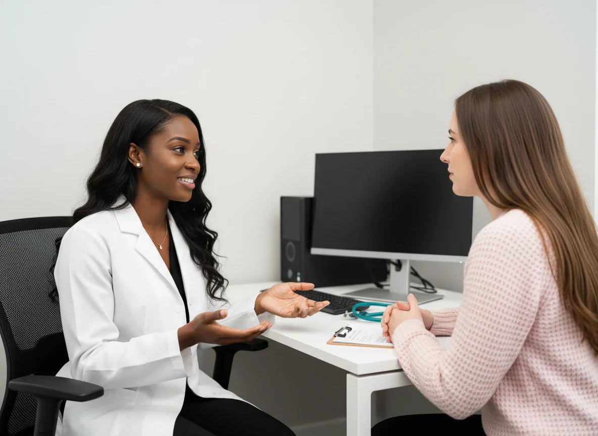 Professional African American doctor holding an edta cycle guide provides empathetic consultation to female patient in modern medical office.
