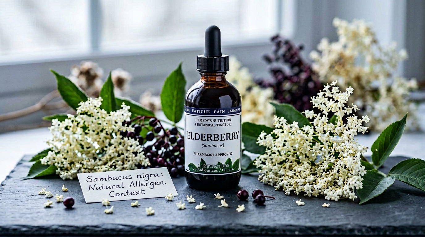Elderberry tincture bottle with raw elderflowers and berries showing natural plant allergens context