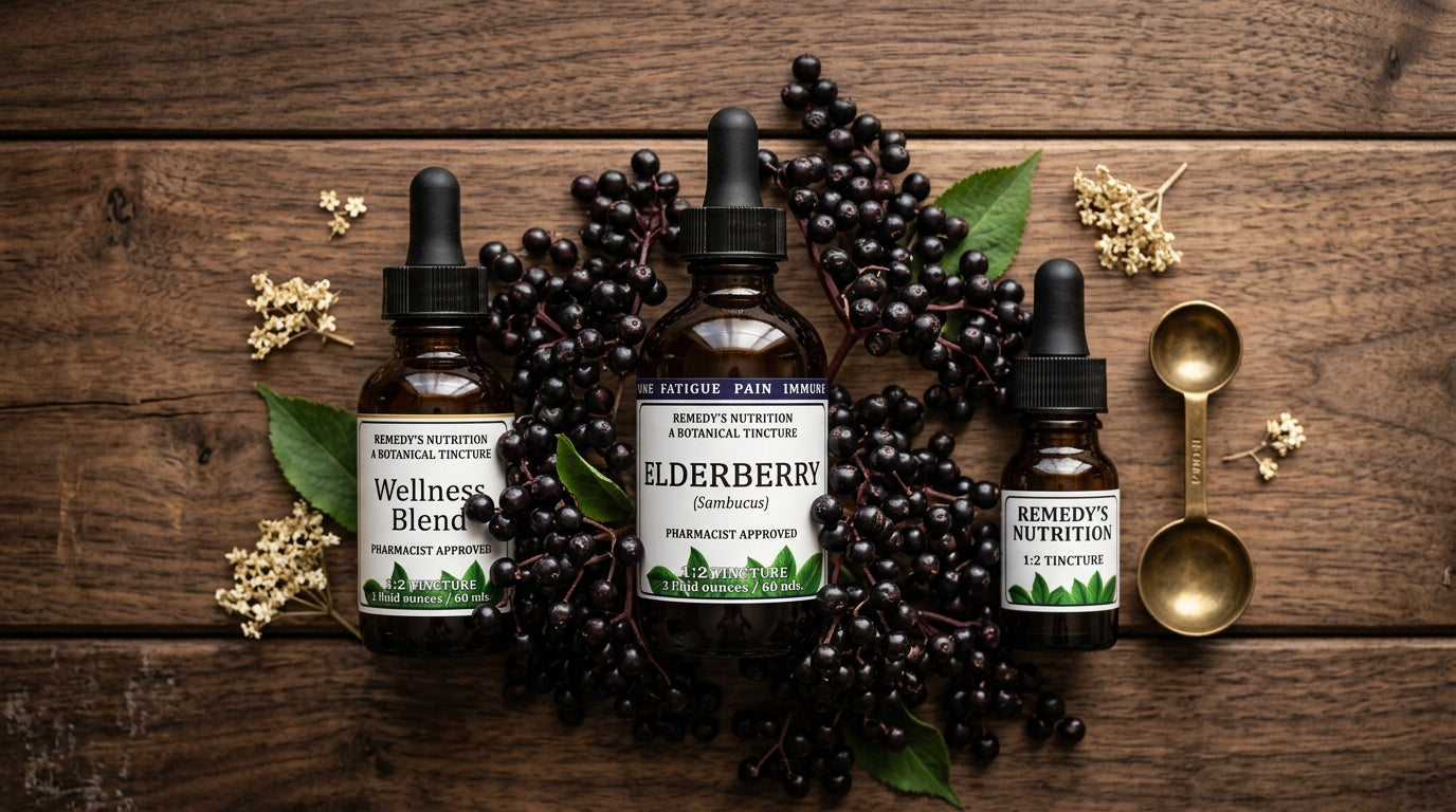 Row of premium amber elderberry tincture bottles on dark wood shelf with fresh elderberry bunches вЂ” best elderberry tinctures 2025