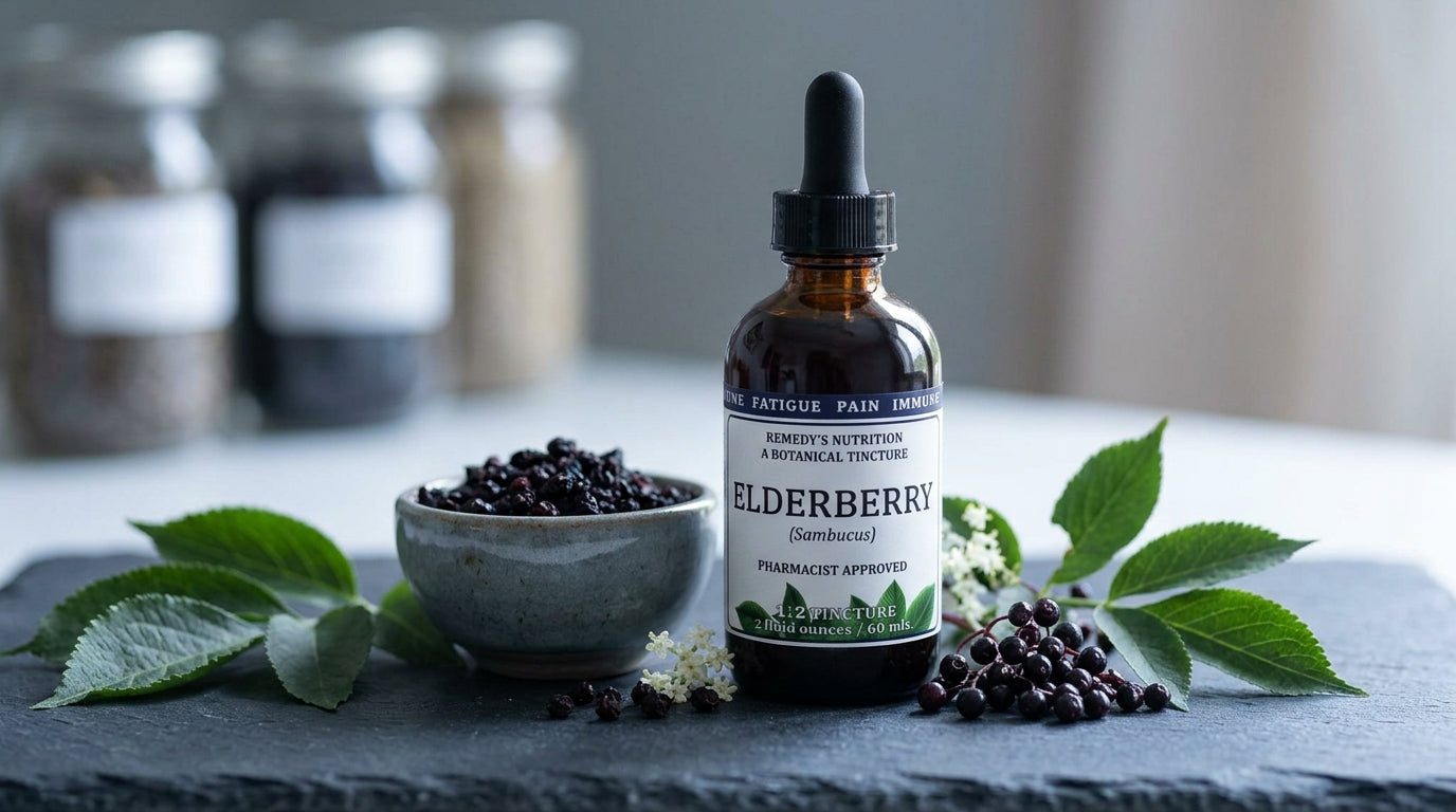 Amber elderberry tincture bottle with safety precaution herbs and natural medicine context on dark slate