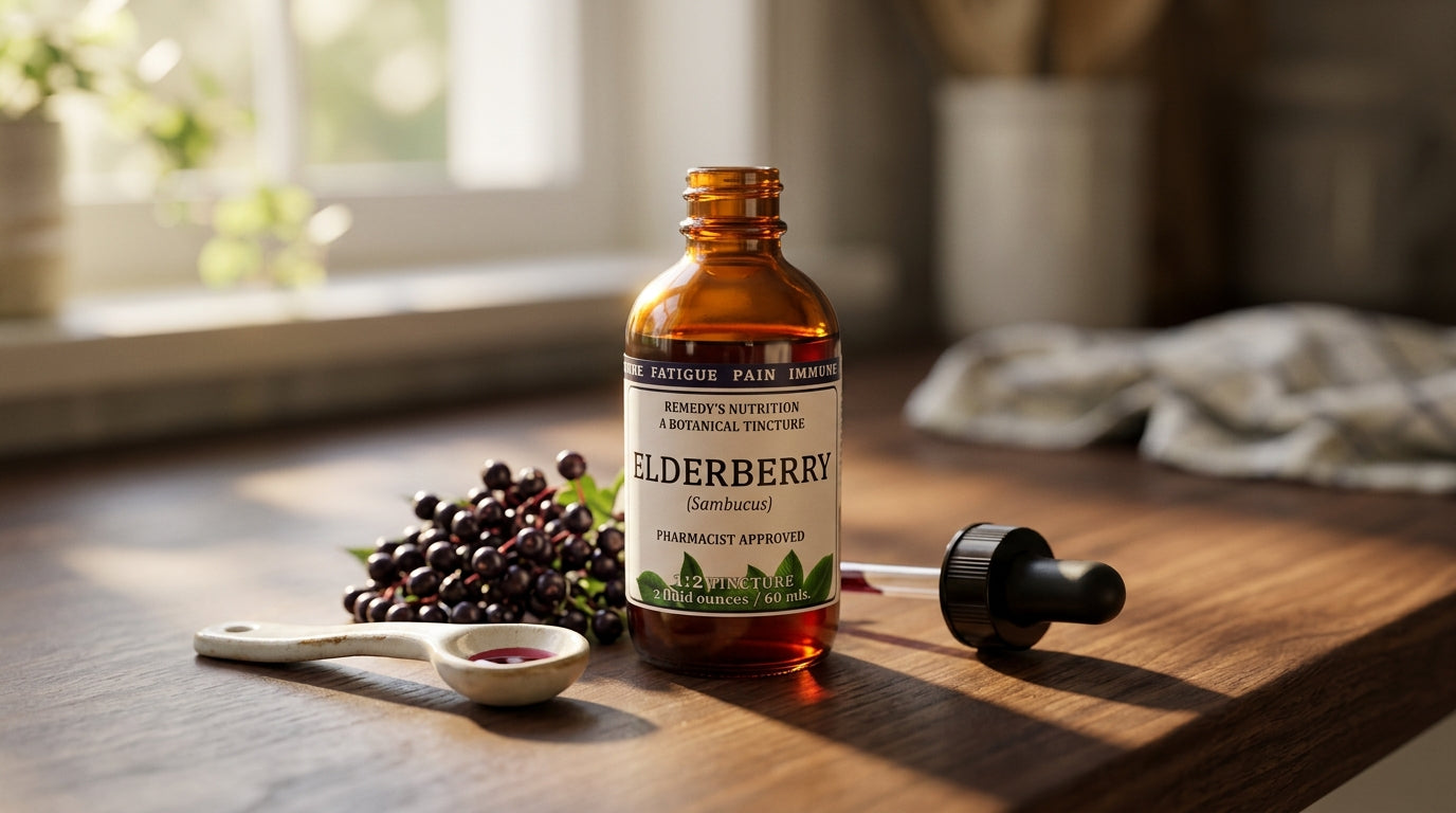Amber elderberry tincture dropper bottle with measuring spoon and storage context on kitchen counter