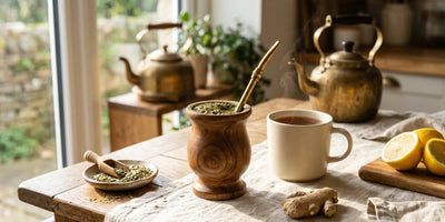 Yerba mate gourd with bombilla straw on warm oak table beside steaming ceramic mug in morning kitchen with sunlit window