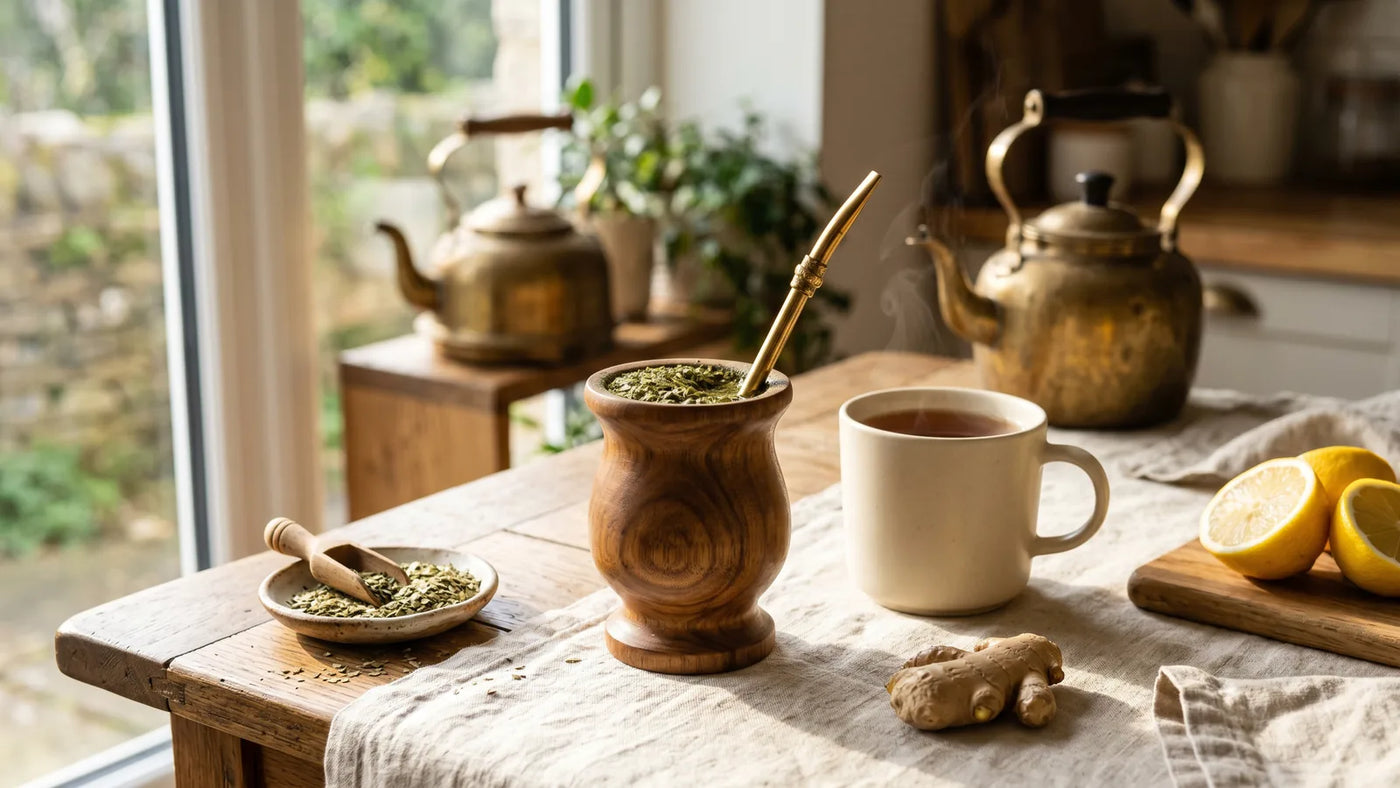 Yerba mate gourd with bombilla straw on warm oak table beside steaming ceramic mug in morning kitchen with sunlit window