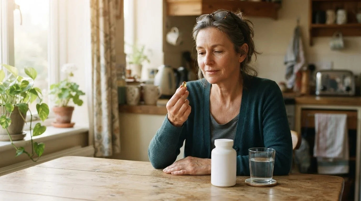 A woman holding an amber softgel up to the light at her kitchen table