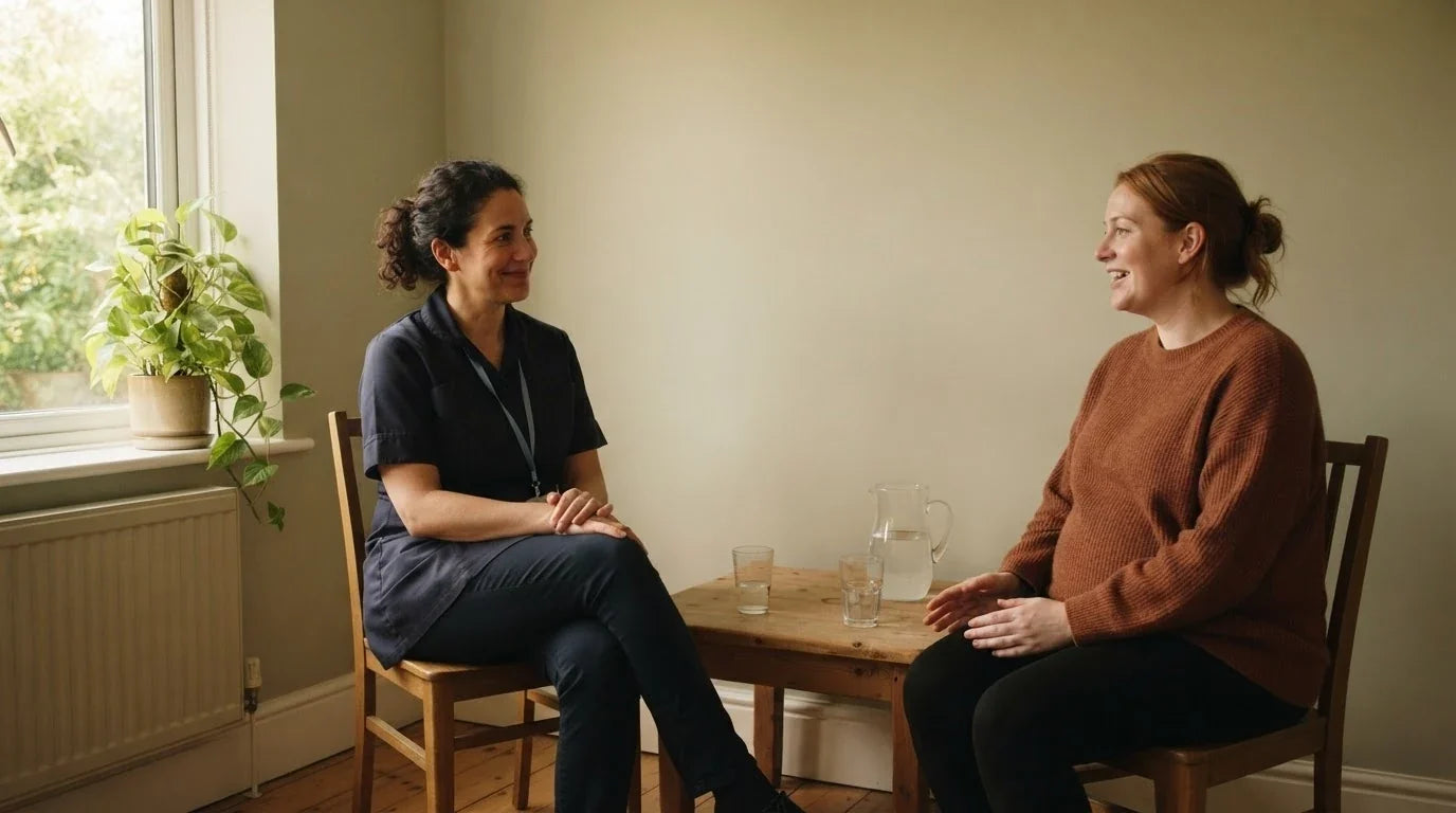 A midwife and a pregnant woman talking across a low table in a calm consulting room