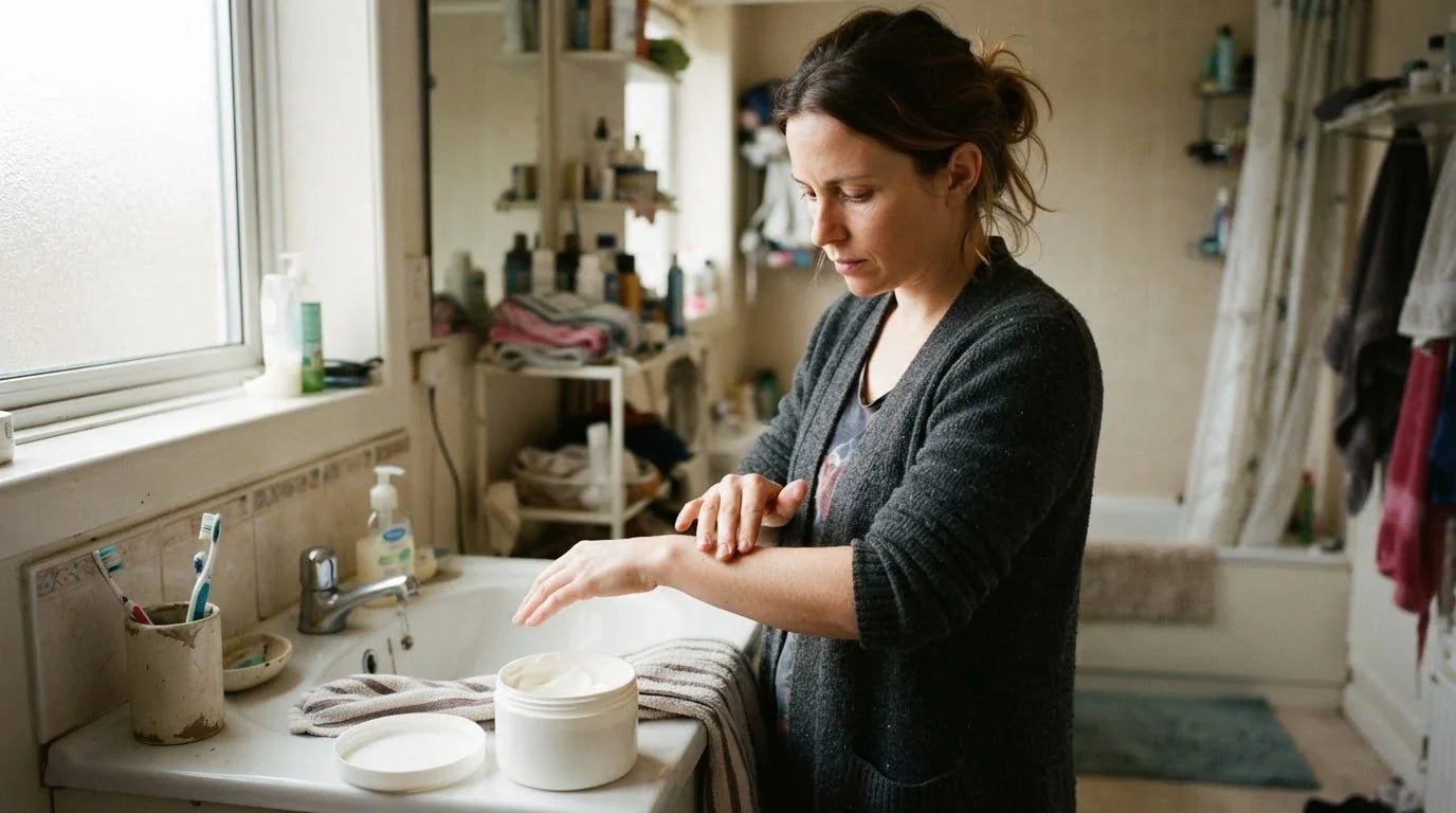 A woman smoothing plain emollient cream along her forearm at a bathroom sink