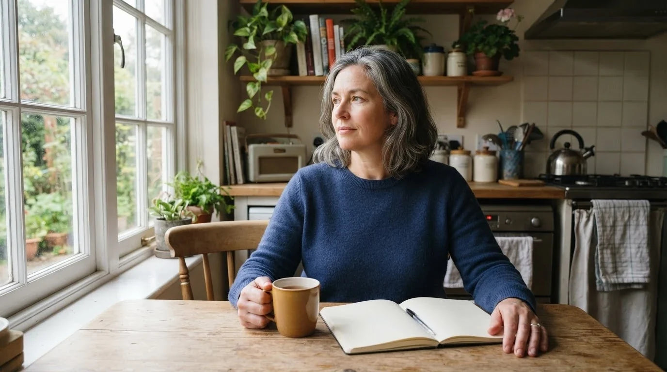 A woman in her fifties sitting composed at her kitchen table with tea and a blank notebook