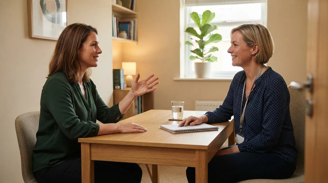A woman talking with a clinician across a plain desk in a consulting room