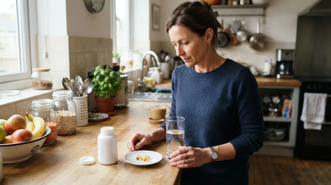 A woman at her kitchen counter with a supplement bottle, two amber softgels and a glass of water