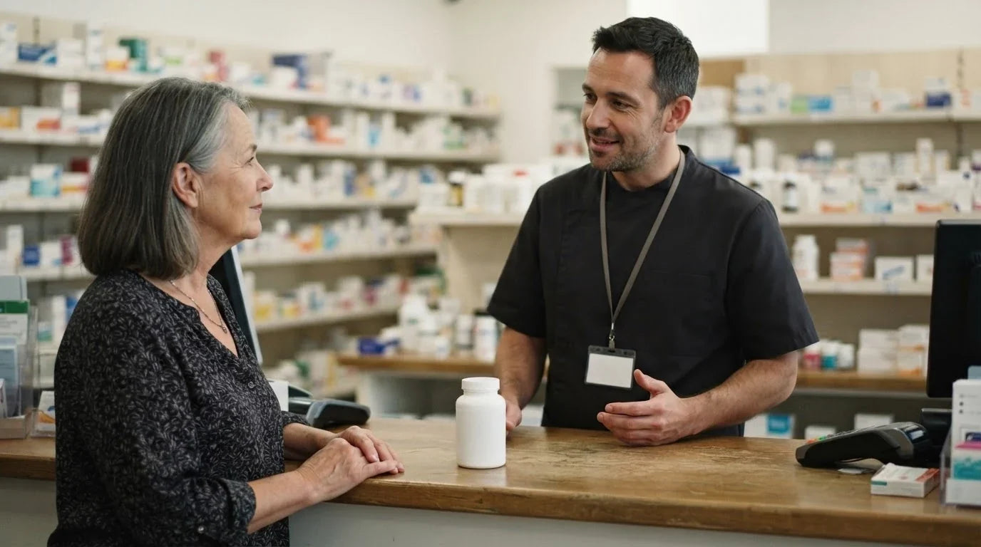 A pharmacist talking with a customer across the counter beside a plain supplement bottle