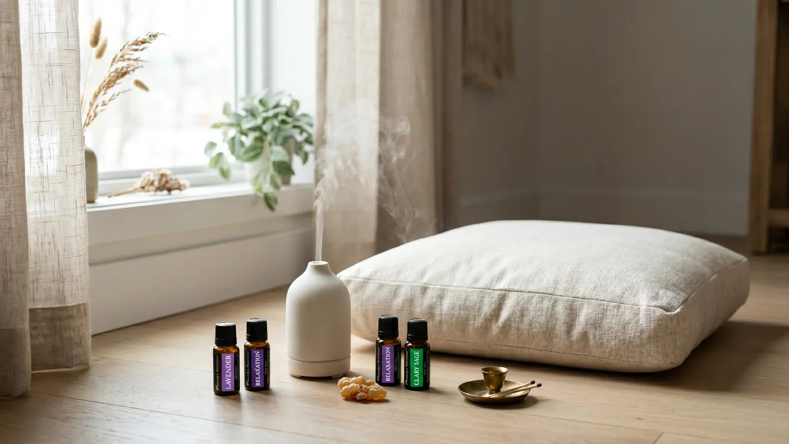 Calm meditation corner with cushion, ceramic diffuser, and three amber essential oil bottles in soft daylight