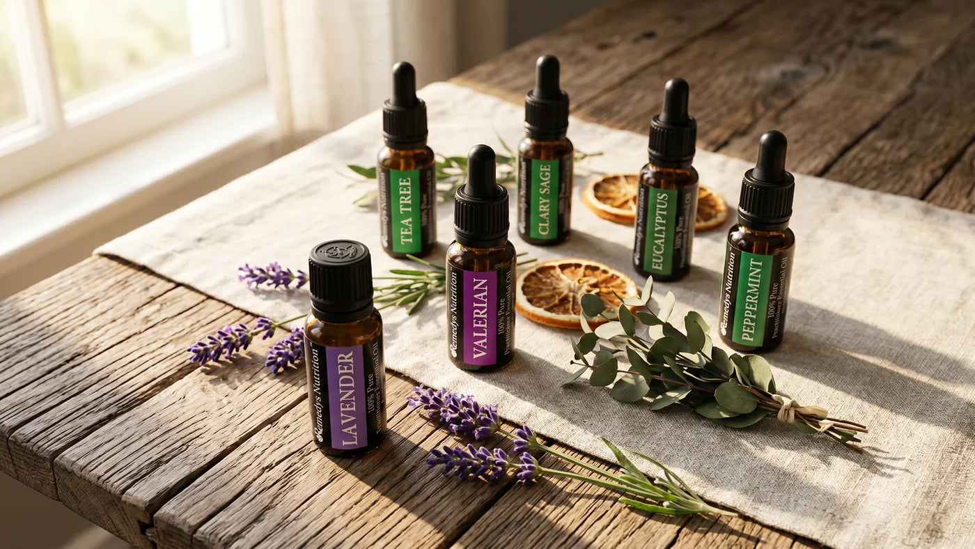 Six amber dropper bottles of essential oils with fresh lavender and eucalyptus on weathered oak table