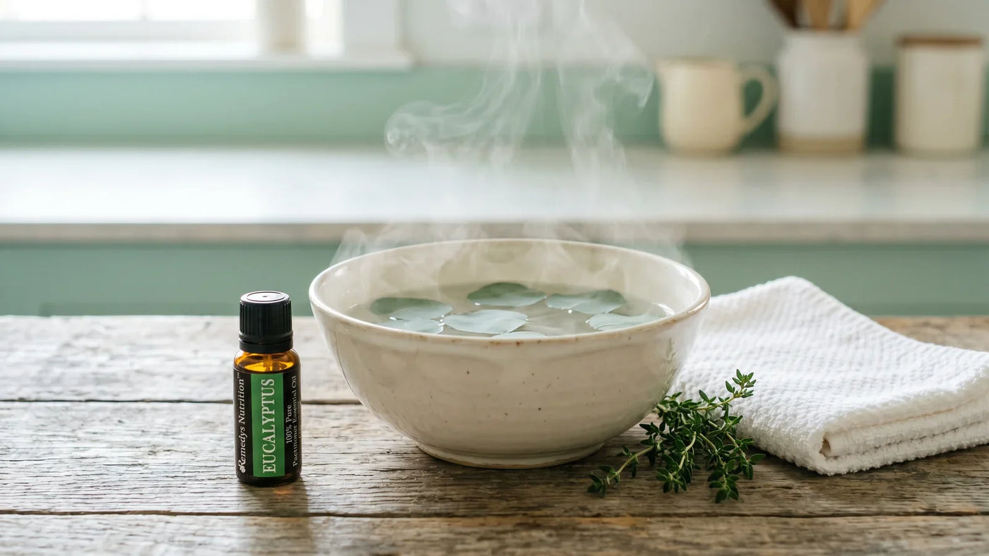 Steaming bowl of hot water with floating eucalyptus leaves and amber essential oil bottle on wooden counter