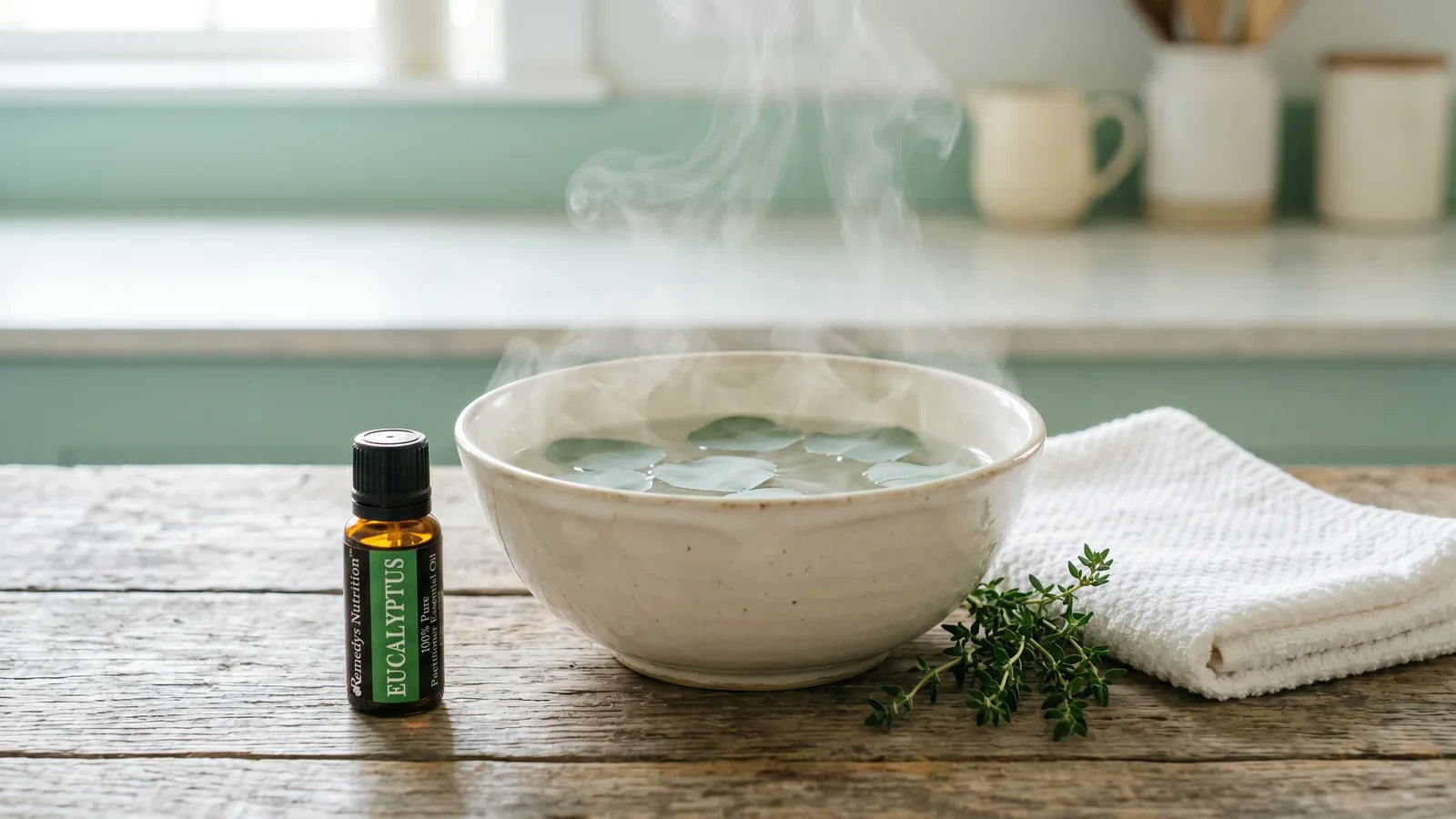 Bol d'eau chaude fumante avec des feuilles d'eucalyptus flottantes et flacon d'huile essentielle d'ambre sur un comptoir en bois