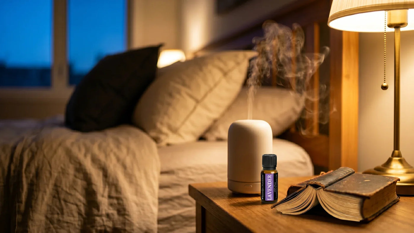 Bedside table at dusk with diffuser releasing soft mist and amber lavender oil bottle on linen-covered bed