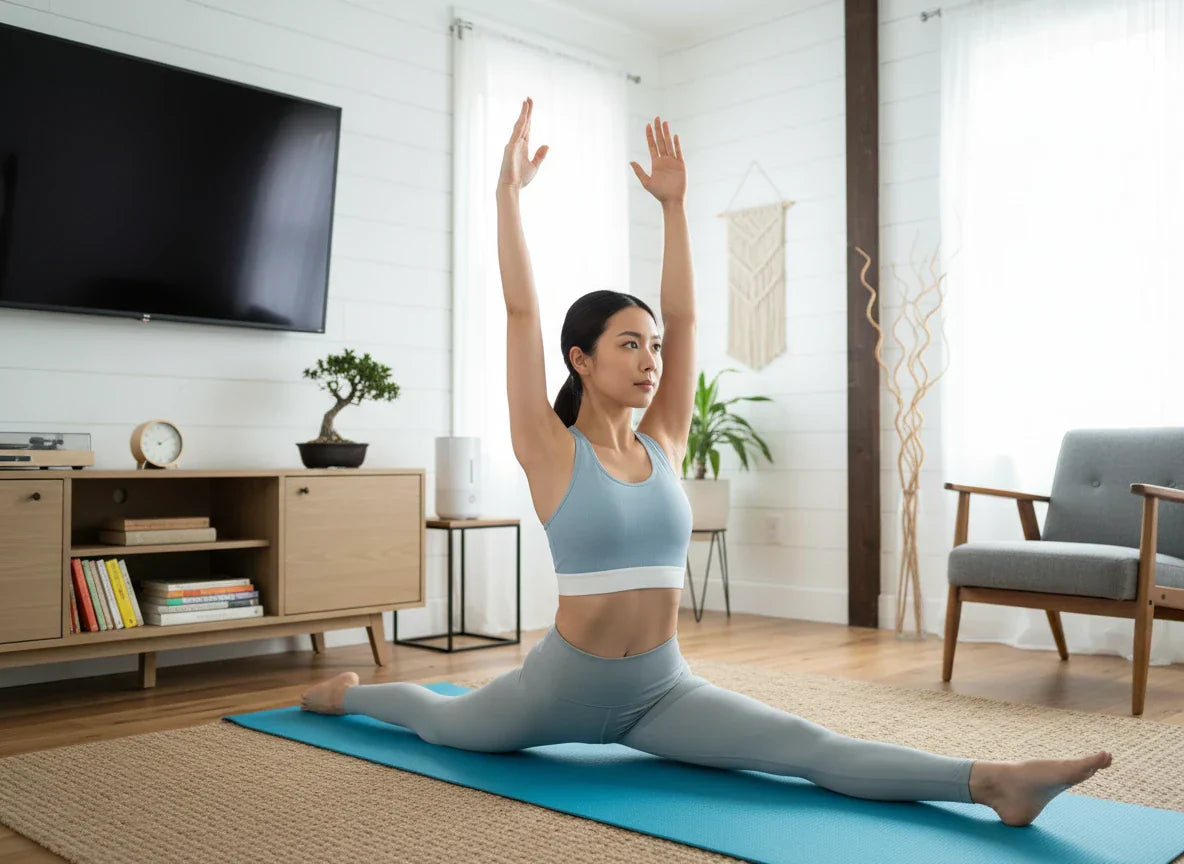 Serene Asian woman in activewear performs perfect Hanumanasana (full split) on blue yoga mat in bright home studio.