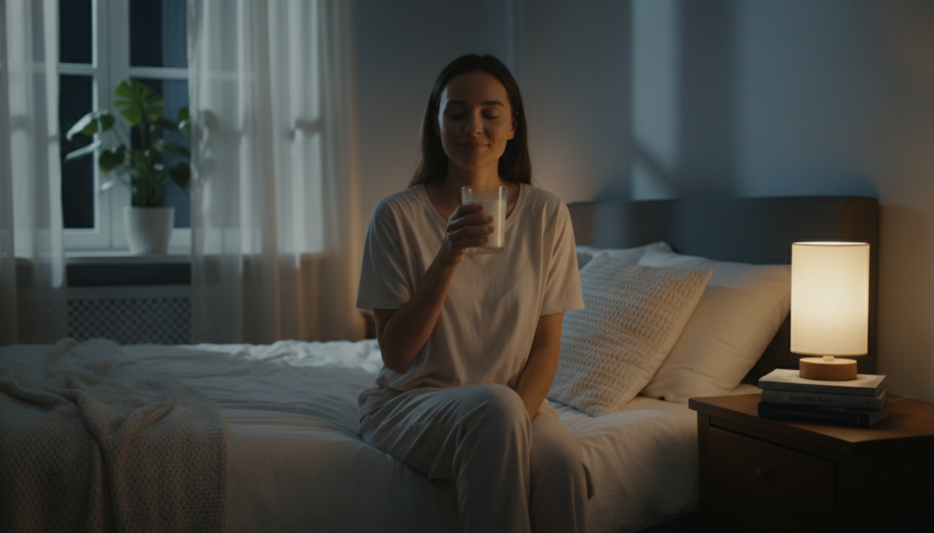 Young woman sitting on her bed at night holding a glass of kefir — drinking kefir before bed for better sleep and gut health