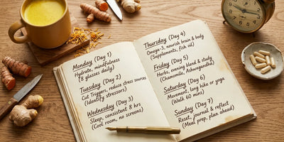 Open paper calendar on warm oak desk marked Day 1 through Day 7, ceramic mug of golden milk, fresh turmeric, journal — 7-day reset plan visual