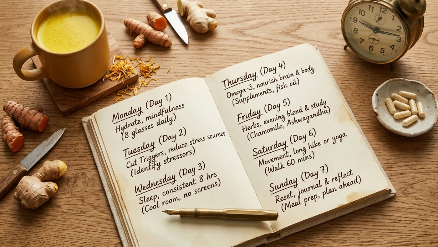 Open paper calendar on warm oak desk marked Day 1 through Day 7, ceramic mug of golden milk, fresh turmeric, journal — 7-day reset plan visual