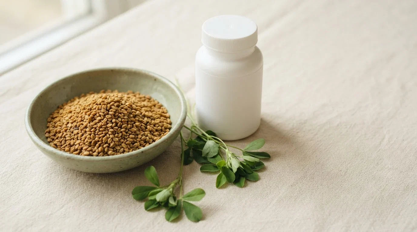 Bowl of angular fenugreek seeds beside a plain white supplement bottle and fresh methi leaves