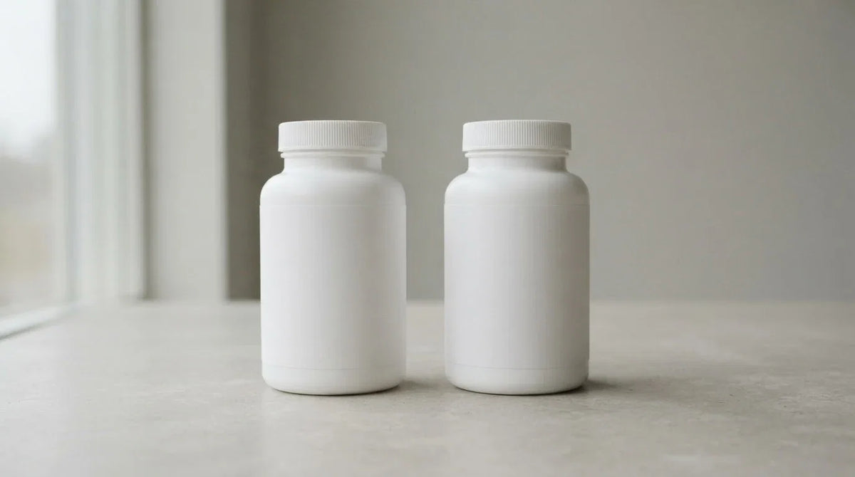 Two identical unlabelled white supplement bottles side by side on grey stone