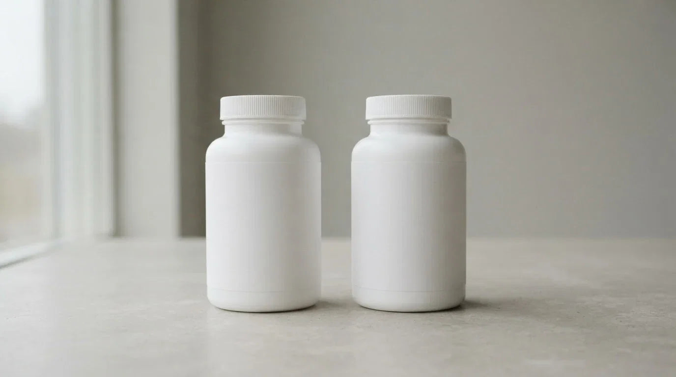 Two identical unlabelled white supplement bottles side by side on grey stone