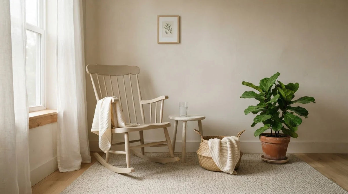 Empty nursery corner with a rocking chair, folded muslin and a glass of water