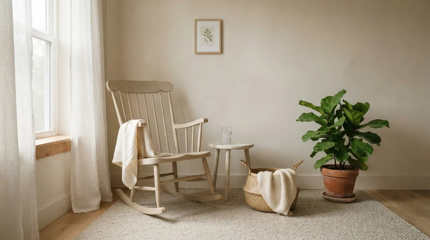 Empty nursery corner with a rocking chair, folded muslin and a glass of water