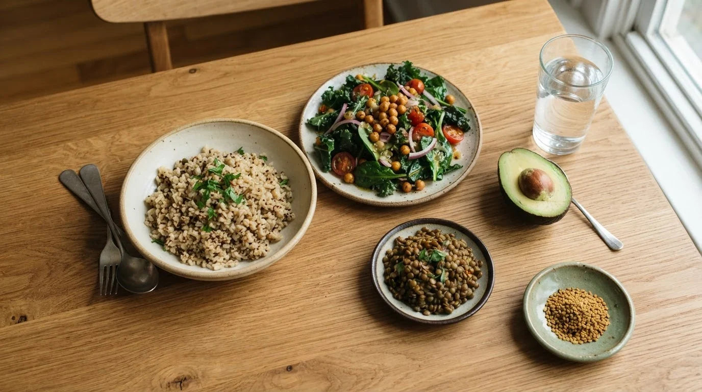 Overhead balanced meal of grains, greens and legumes with a small dish of fenugreek seeds