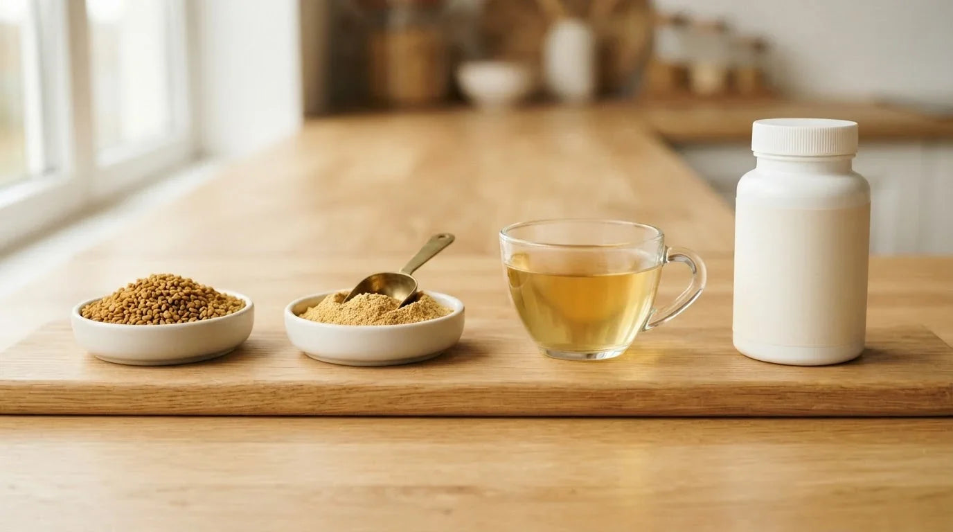 Whole fenugreek seeds, ground powder, a glass of tea and a capsule bottle in a row