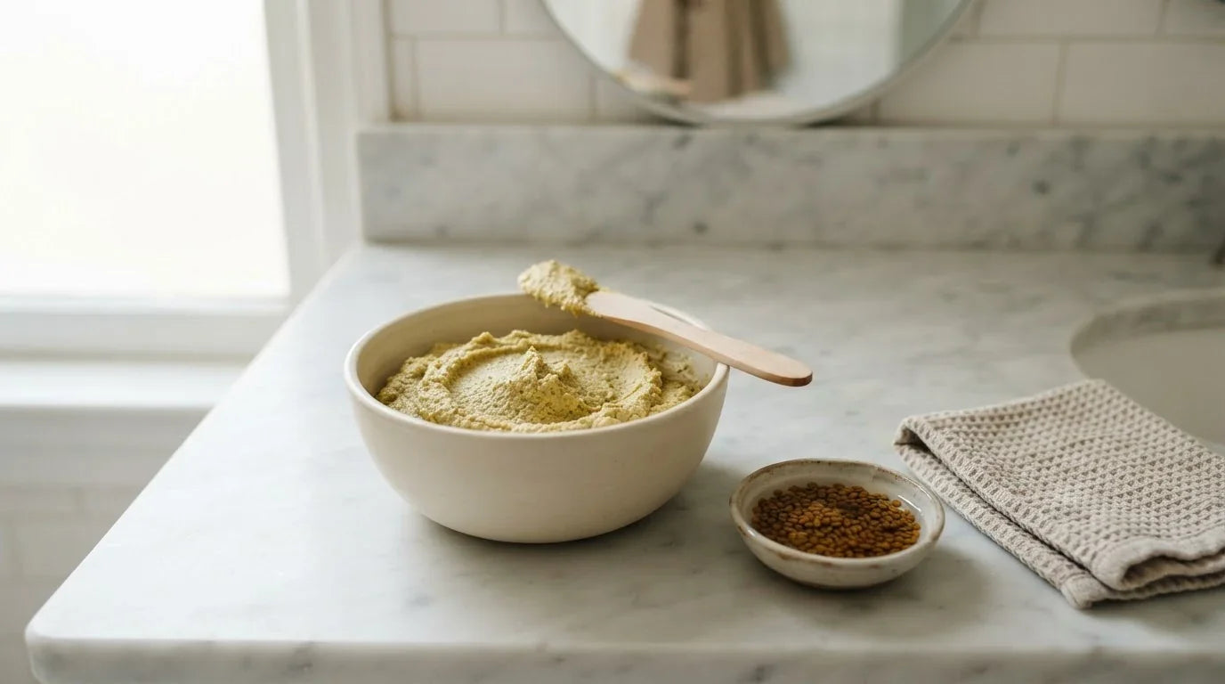Bowl of thick fenugreek seed paste with a wooden spatula on a marble counter