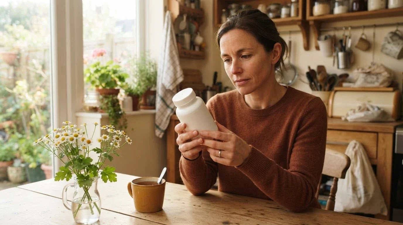 A woman at her kitchen table reading the back of a plain supplement bottle