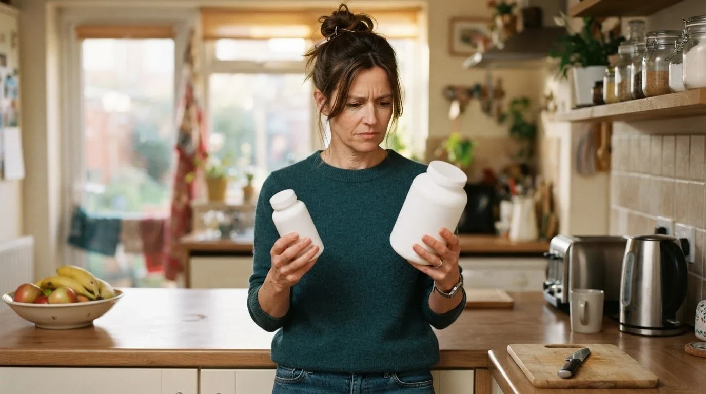 A woman at her kitchen counter comparing two plain unbranded containers