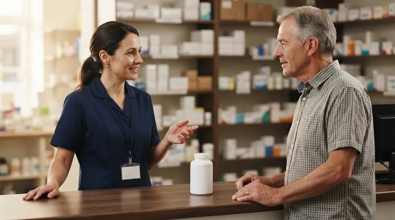 A pharmacist talking with a customer across the counter beside a plain supplement bottle