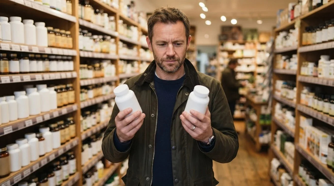 A man in a shop aisle comparing two plain unbranded supplement bottles