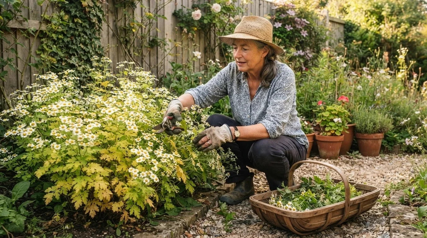 A woman tidying a flowering feverfew plant in her garden