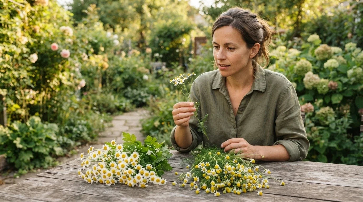 A woman at a garden table comparing a stem of feverfew with a bunch of chamomile