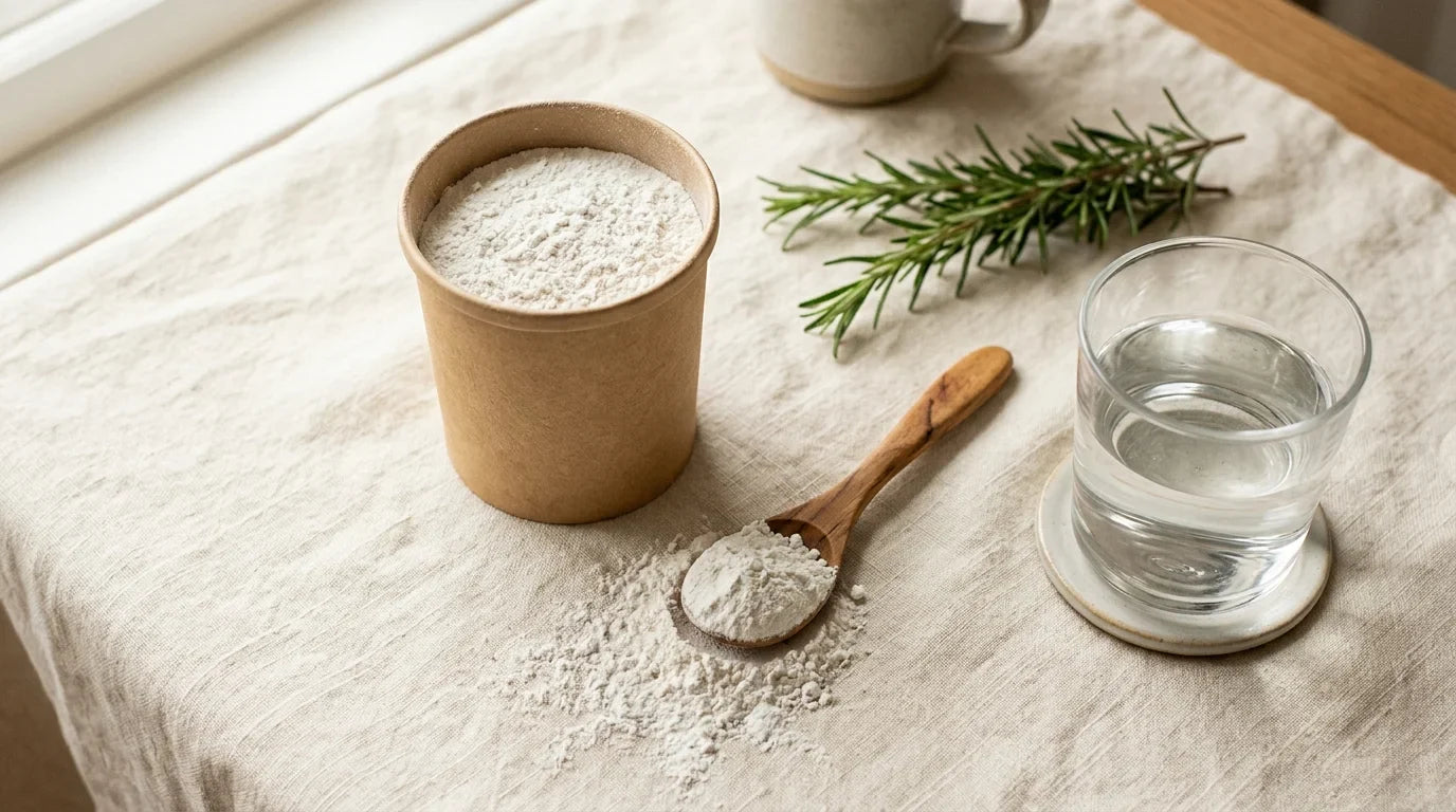 Unbranded kraft jar of fine white diatomaceous earth powder beside a wooden spoon on pale linen — food-grade DE guide