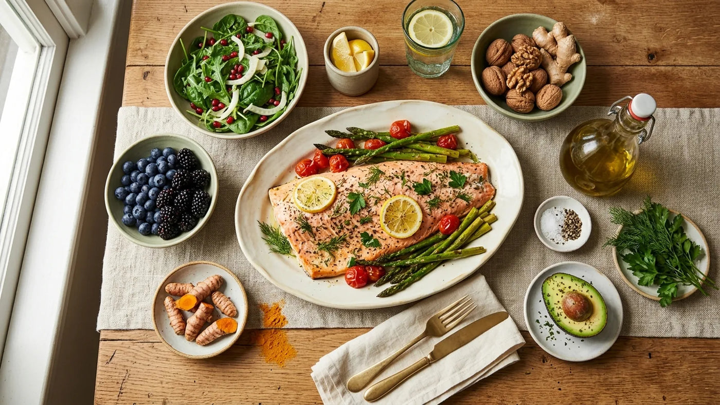 Overhead spread of anti-inflammatory foods on warm oak table — wild salmon fillet, leafy greens, berries, turmeric, olive oil, walnuts, ginger