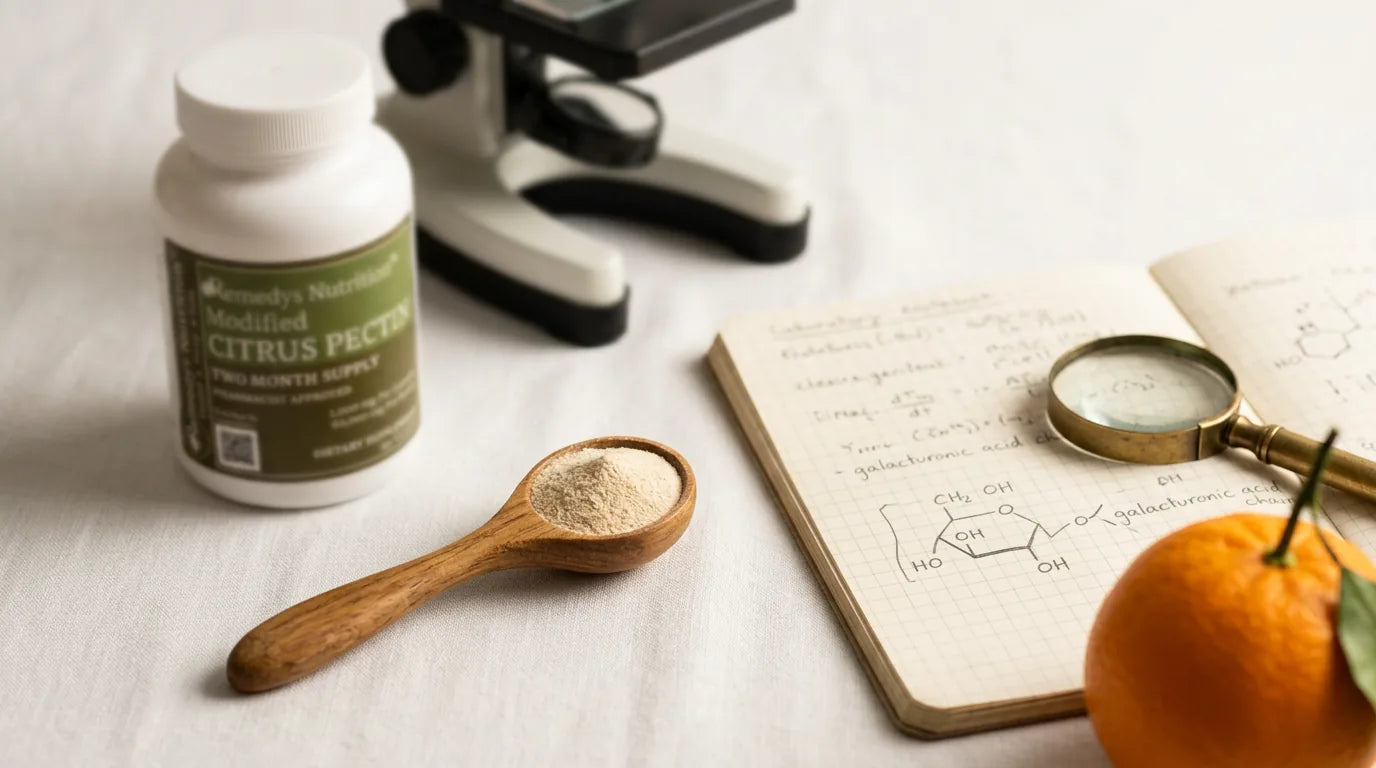 Modified citrus pectin powder beside a research notebook and microscope on a clinical white surface