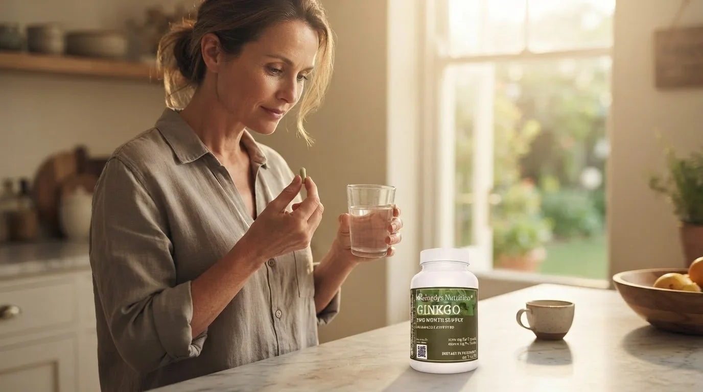 Ginkgo biloba capsules and a measuring scoop illustrating safe daily dosage