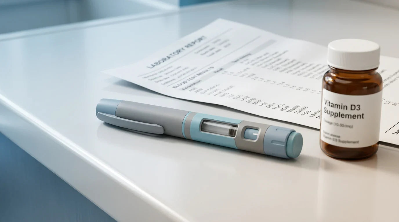 Stylo injecteur de GLP-1 à côté d'un supplément de vitamine D — lien entre les médicaments GLP-1 et la carence en vitamine D