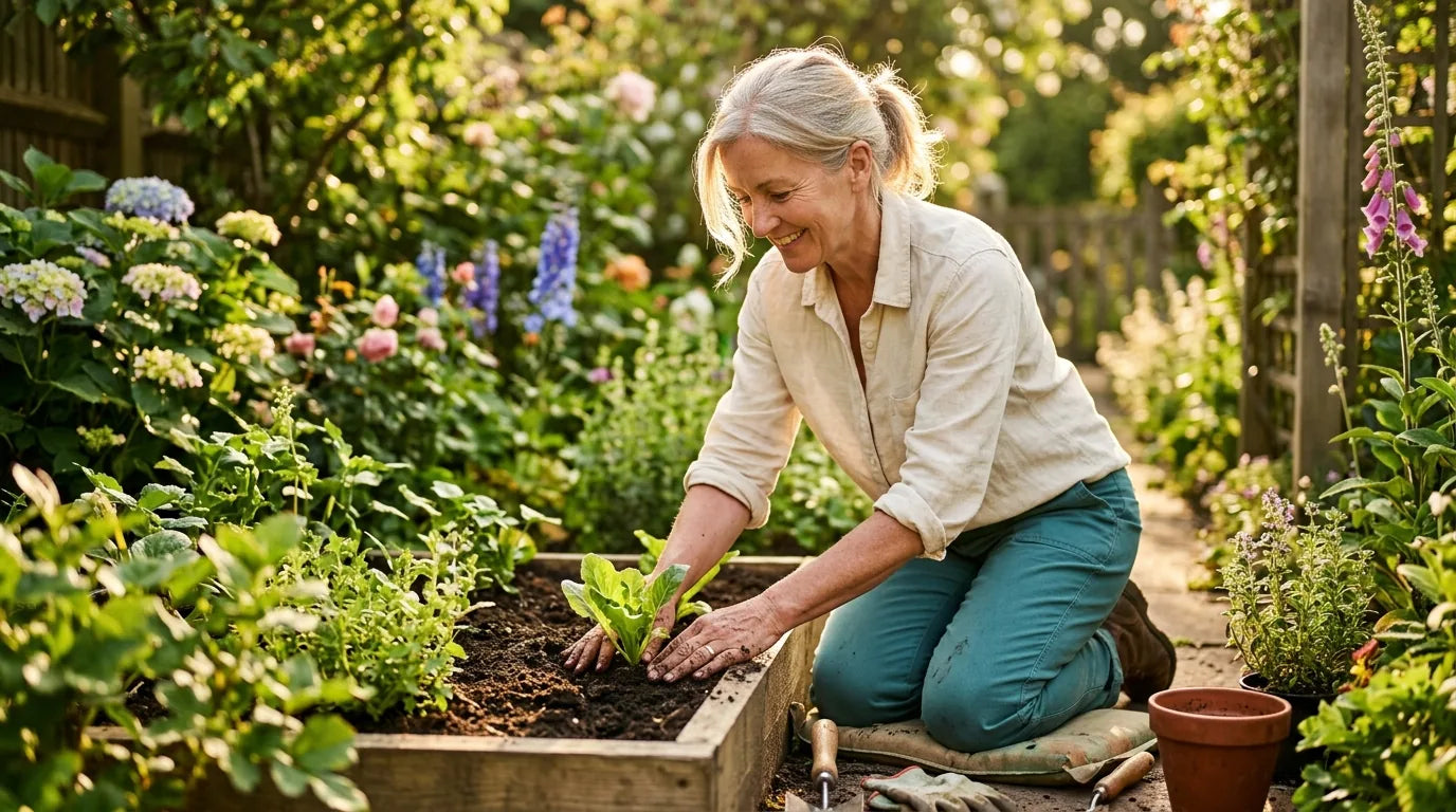 Woman gardening comfortably, glucosamine joint benefits