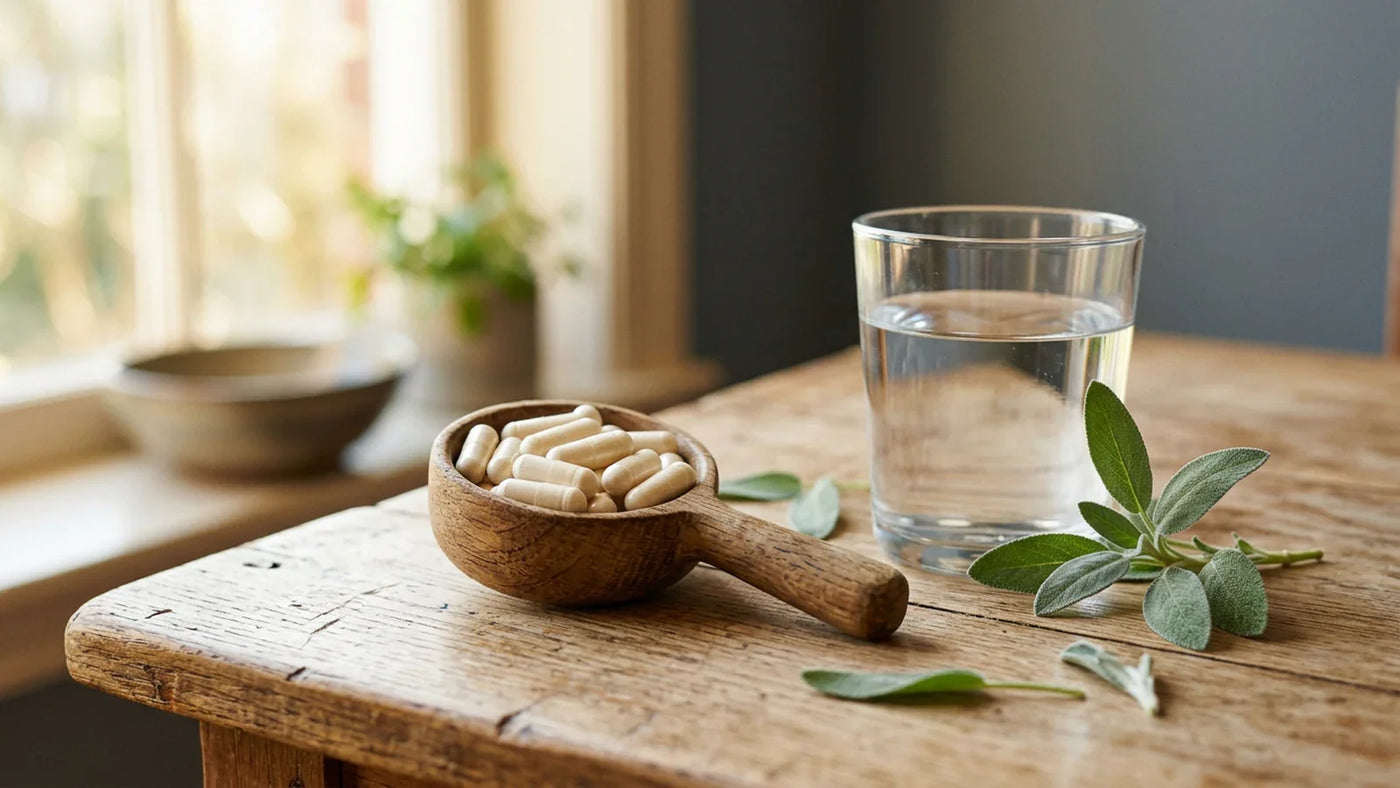 Cream-colored joint supplement capsules in a wooden scoop — glucosamine chondroitin