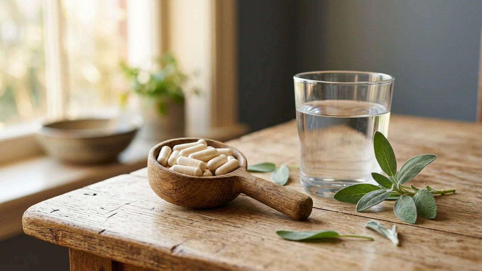 Cream-colored joint supplement capsules in a wooden scoop — glucosamine chondroitin
