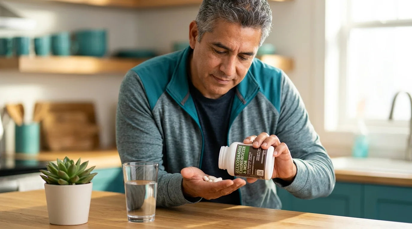Man measuring his daily glucosamine dose in a sunlit kitchen