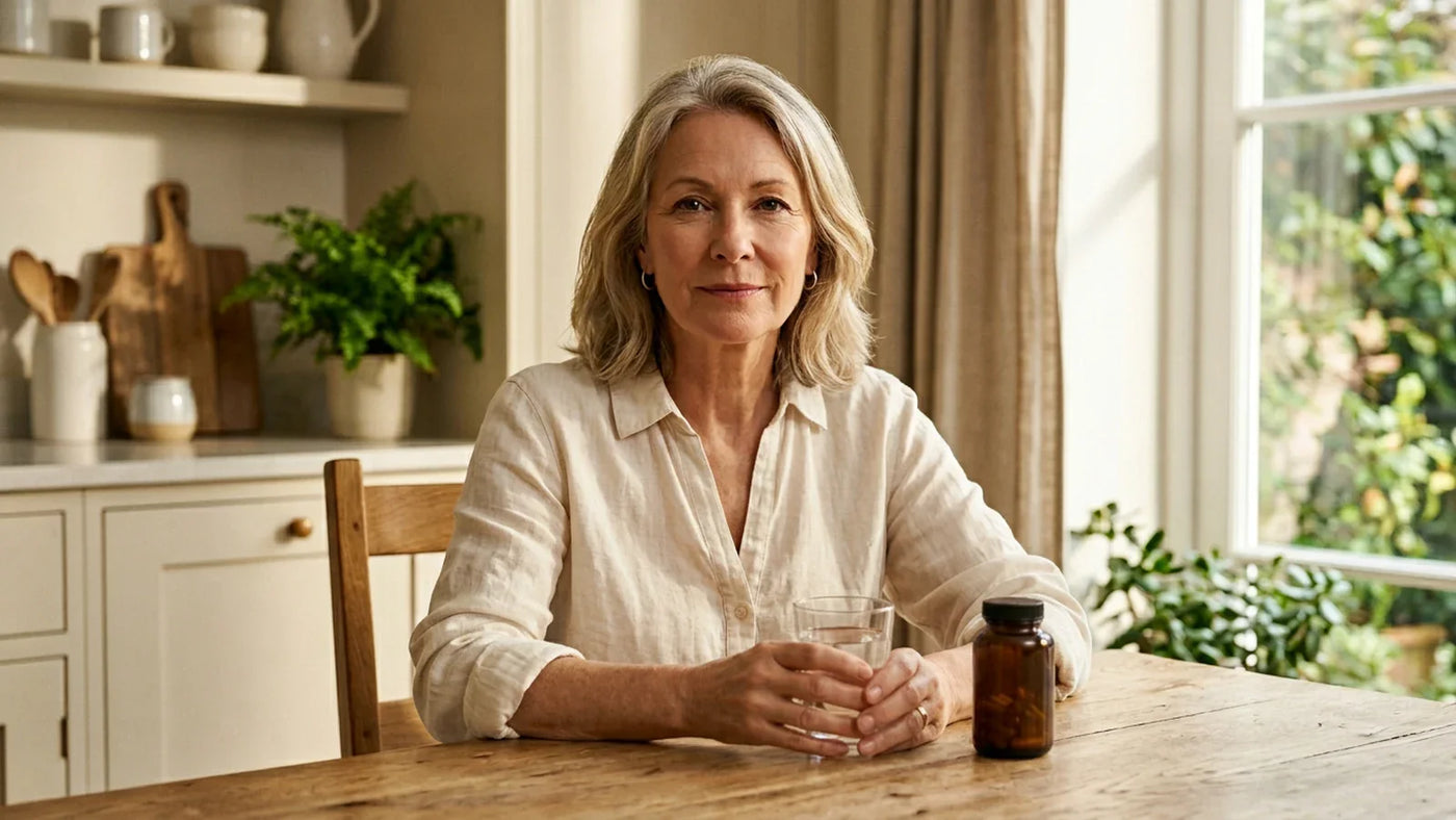 Woman in her 60s sitting calmly at a kitchen table with glass of water and supplement bottle