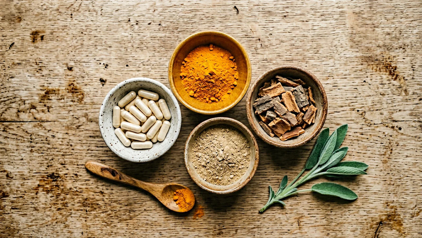 Three small bowls of different joint herbs on a wooden surface — herbal comparison