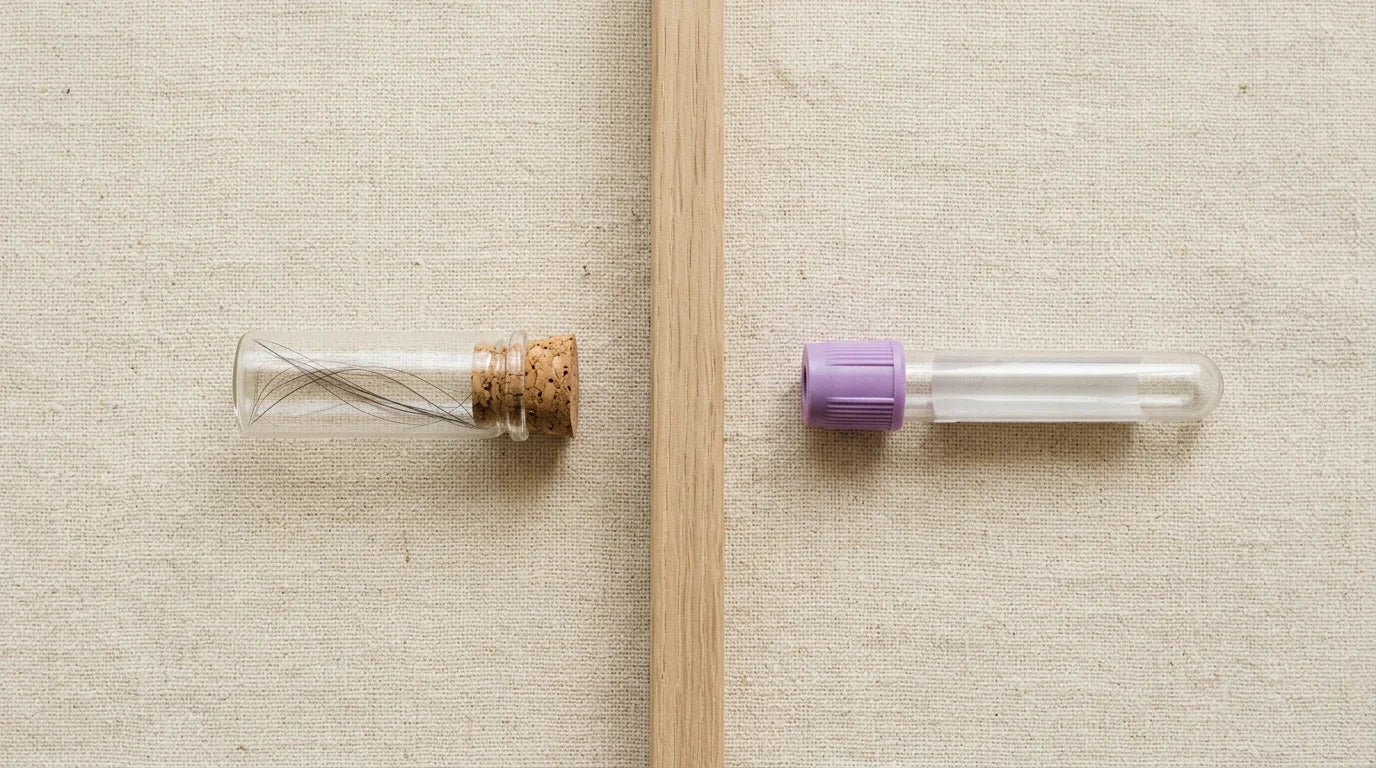 Glass vial of hair strands beside a small blood collection tube on pale linen — hair analysis vs blood test comparison